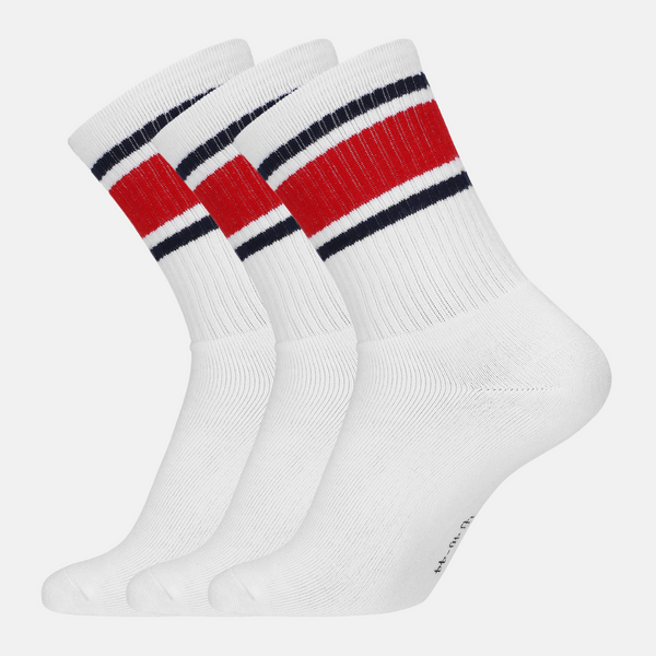 3 pairs of white bamboo tennis socks with red/blue stripes and long rib