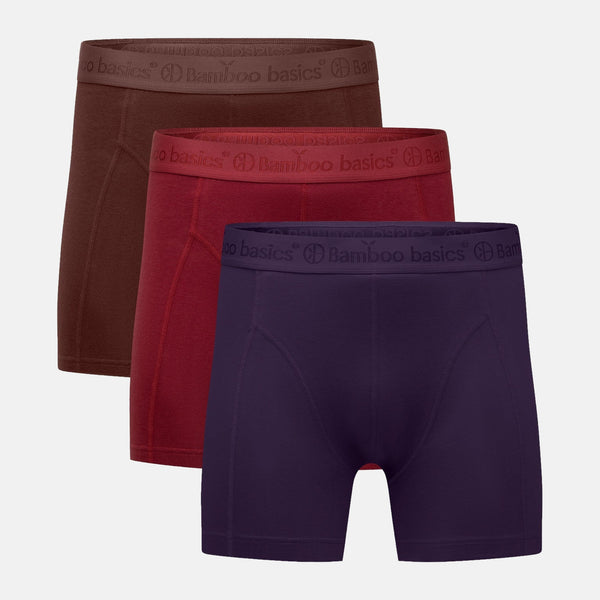 3 pak bambus underbukser i brun, rød og lilla fra Bamboo Basics