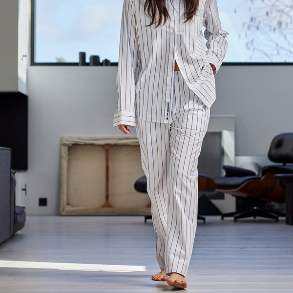 White bamboo pajama pants with narrow gray stripes