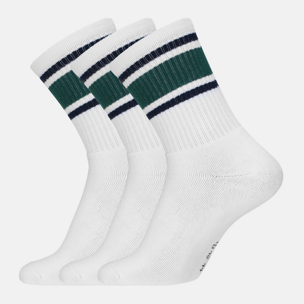 3 pairs of white bamboo tennis socks with green/blue stripes and long rib