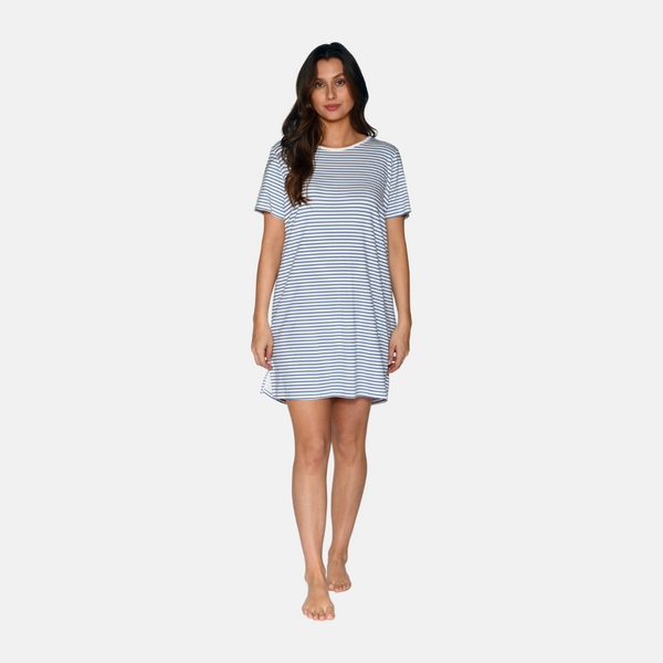 Bea short-sleeved bamboo nightgown - light blue striped