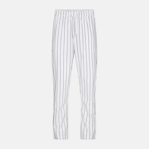 White bamboo pajama pants with narrow gray stripes