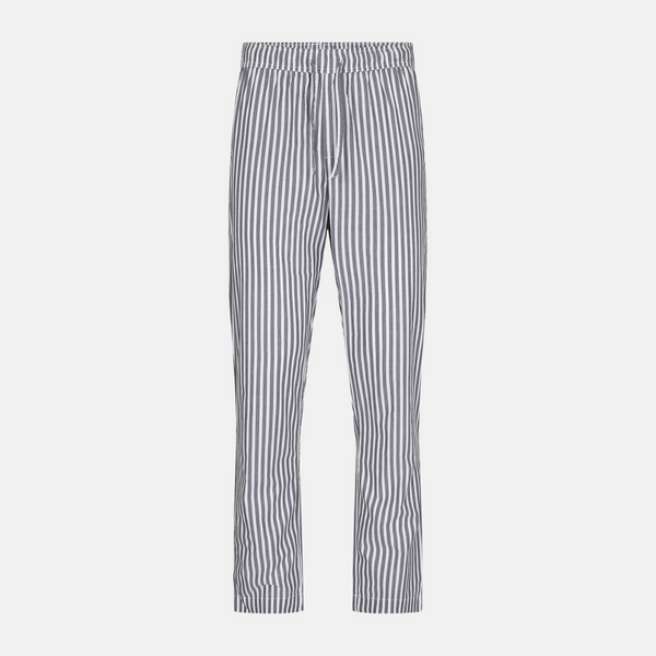 White bamboo pajama pants with wide gray stripes