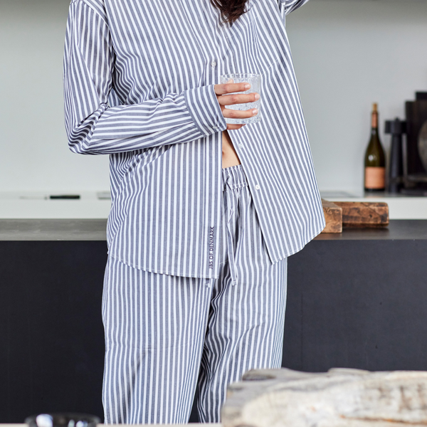 Bamboo pajama pants with wide white and gray stripes