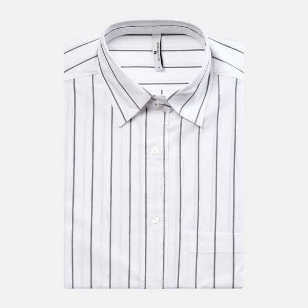 White bamboo shirt with narrow gray stripes