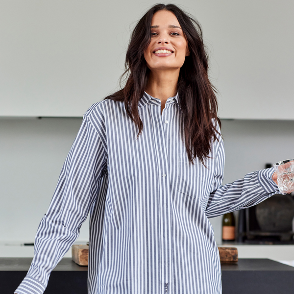 Bamboo shirt with wide white and gray stripes