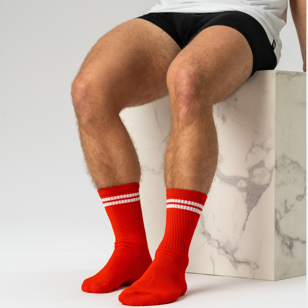 3 pairs of red bamboo tennis socks with white stripes