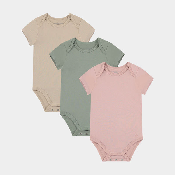 Mikky short-sleeved bamboo bodysuit - 3 pack - pink, green, beige