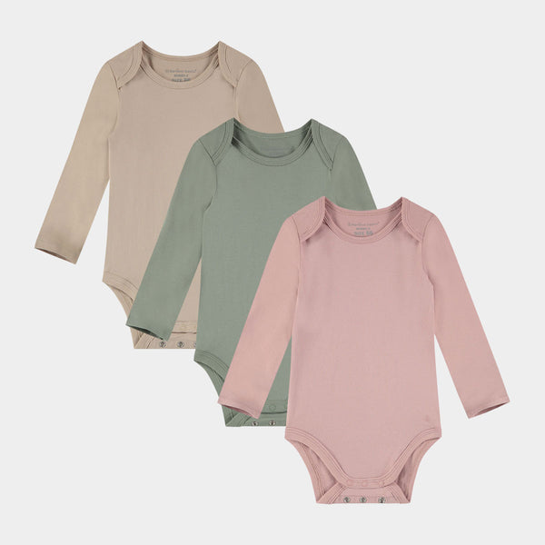 Bobby long sleeve bamboo bodysuit - 3 pack - pink, green, beige