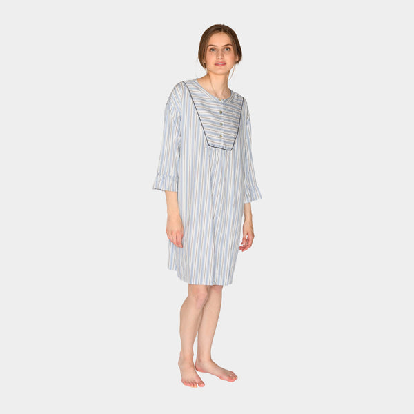 Nora bamboo nightgown - blue, white and grey stripes