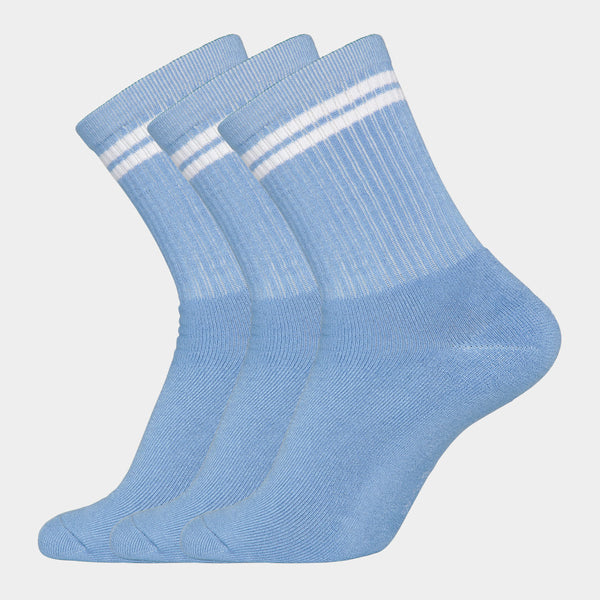 3 pairs of light blue bamboo tennis socks with white stripes