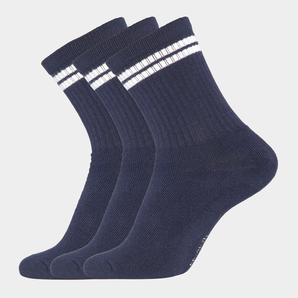 3 pairs of navy blue bamboo tennis socks with white stripes