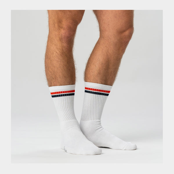 3 pairs of white bamboo tennis socks with red/blue stripes