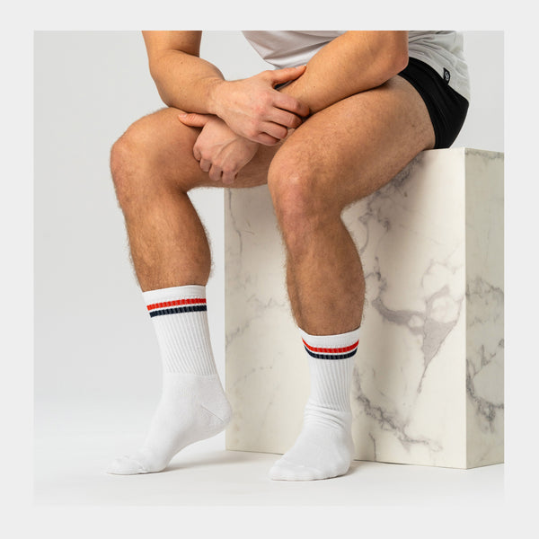 3 pairs of white bamboo tennis socks with red/blue stripes