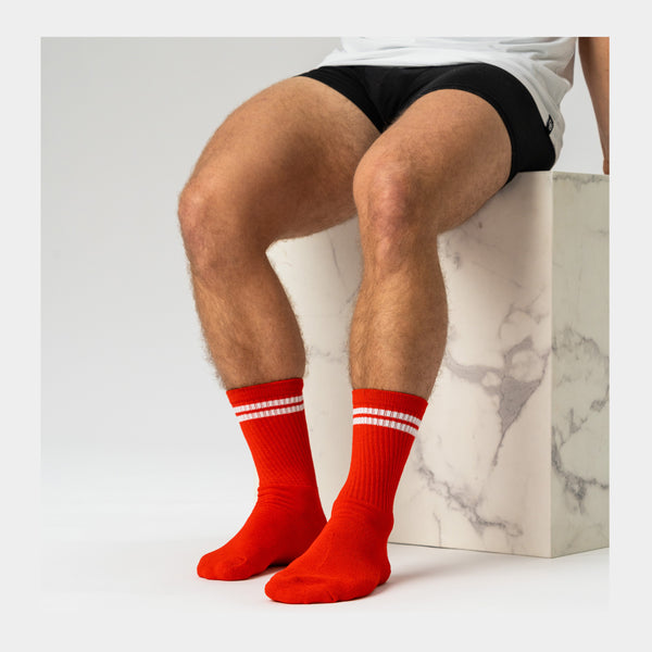 3 pairs of red bamboo tennis socks with white stripes