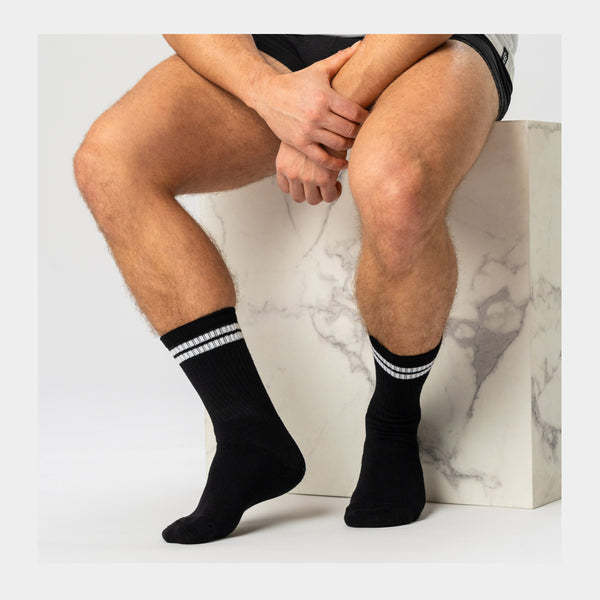 3 pairs of black bamboo tennis socks with white stripes