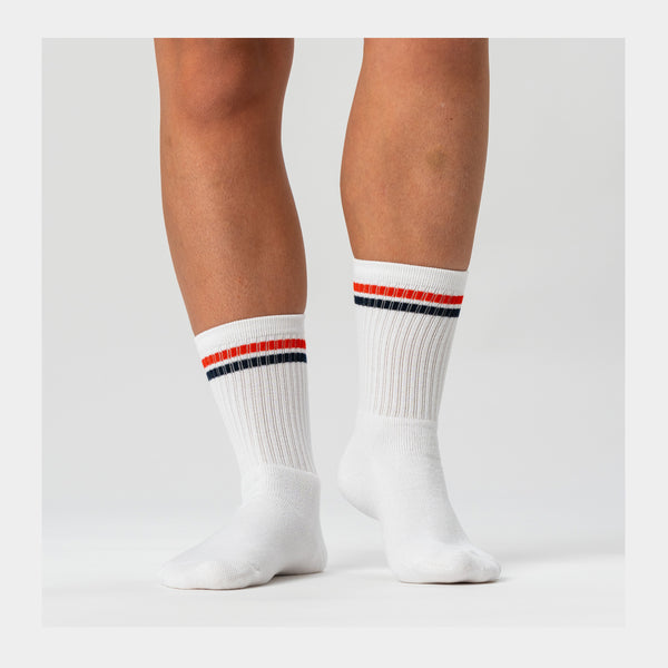 3 pairs of white bamboo tennis socks with red/blue stripes