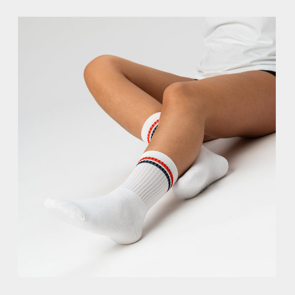 3 pairs of white bamboo tennis socks with red/blue stripes