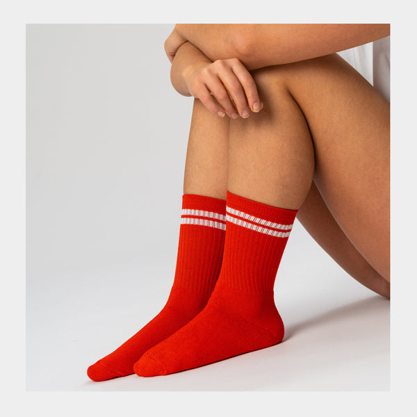 3 pairs of red bamboo tennis socks with white stripes