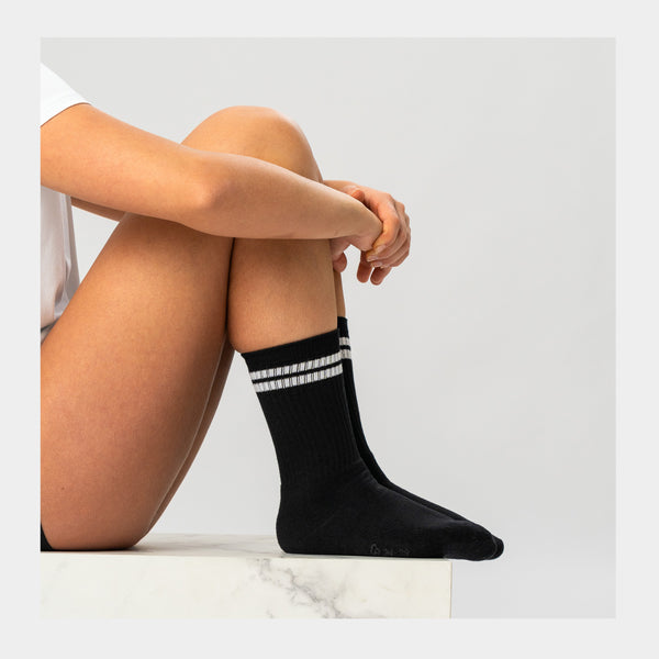 3 pairs of black bamboo tennis socks with white stripes