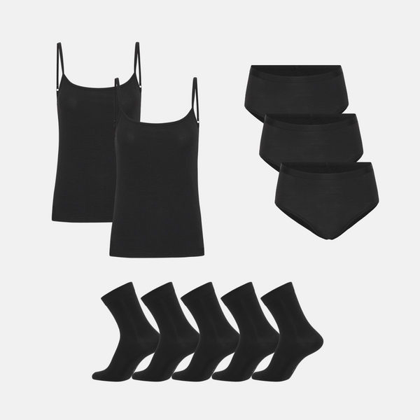 Bamboo Package - Top with Thin Straps &amp; Maxi Panties &amp; Stockings - Black