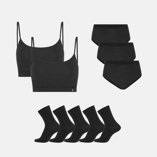 Bamboo Package - Bra &amp; Maxi Panties &amp; Stockings - Black