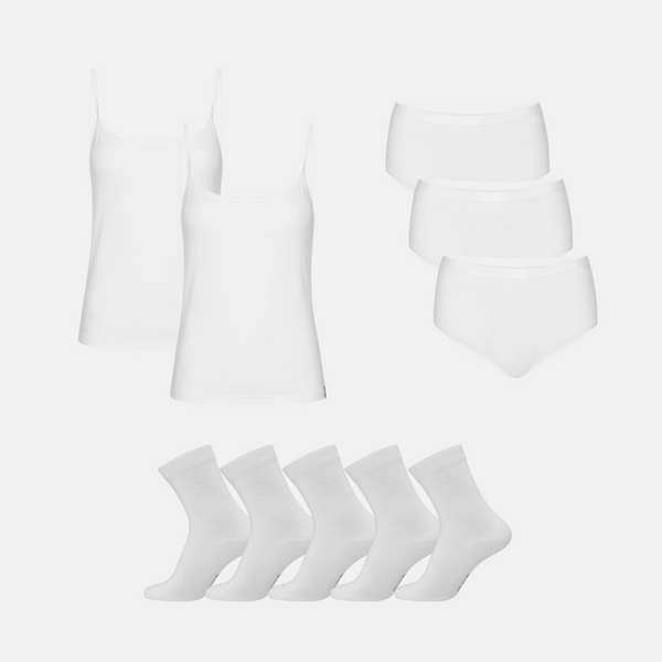 Bamboo Package - Tops with Thin Straps &amp; Maxi Panties &amp; Stockings - White