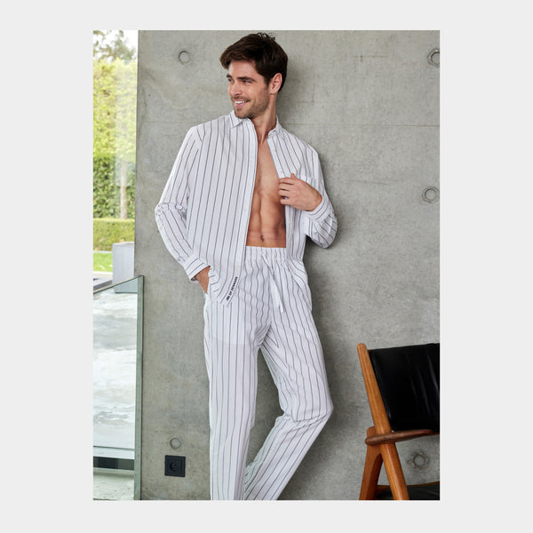 White bamboo shirt with narrow gray stripes