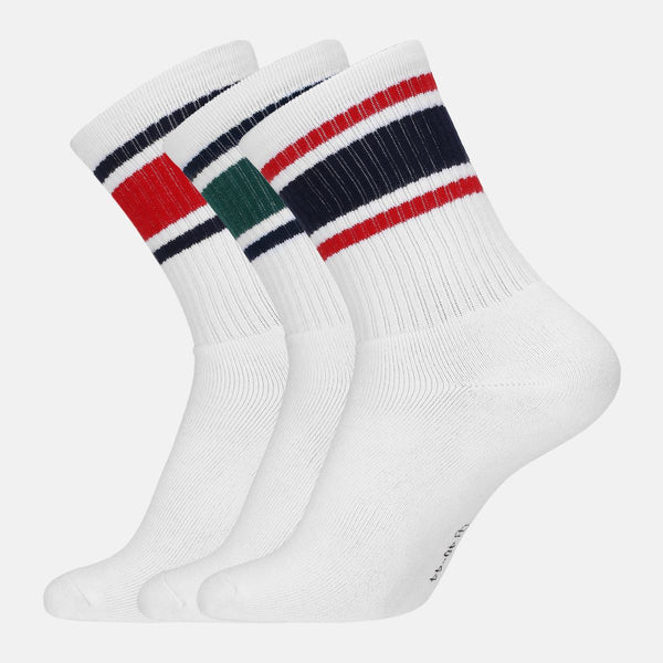 3 pairs of white bamboo tennis socks with green/blue stripes and long rib