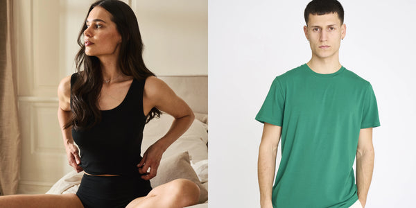 Woman in a black bamboo tank top and man in a green bamboo T-shirt – Black Month