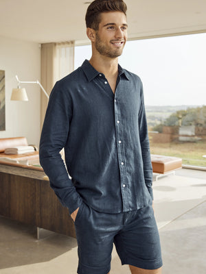 JBS of Denmark man in a blue bamboo and linen shirt